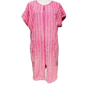 STAN HERMAN WOMEN’S TERRY CLOTH SHORT ROBE SIZE MEDIUM PINK WITH WHITE STRIPES